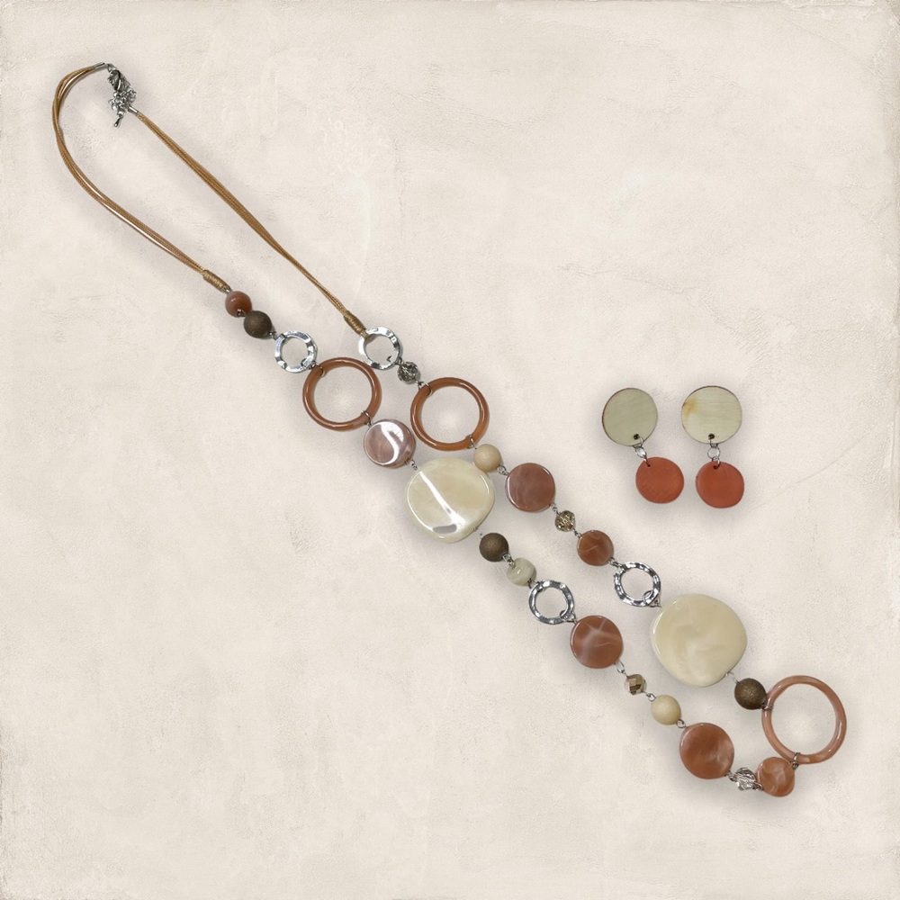 Long Beaded Silver Statement Necklace & Circle Dangle Earring Set Neutrals - Picture 1 of 5